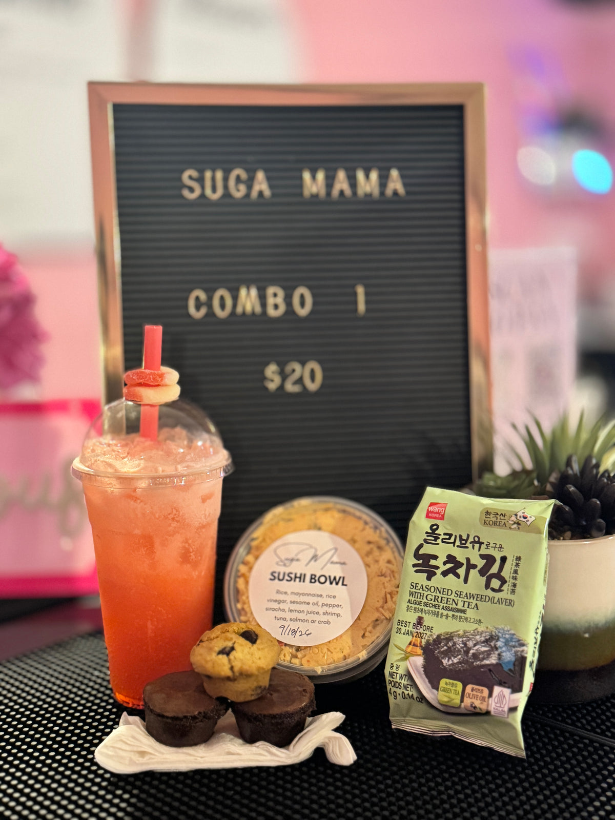 Combo #1 — Suga Mama Dirty Soda, Sushi Bowl & Mini Desserts