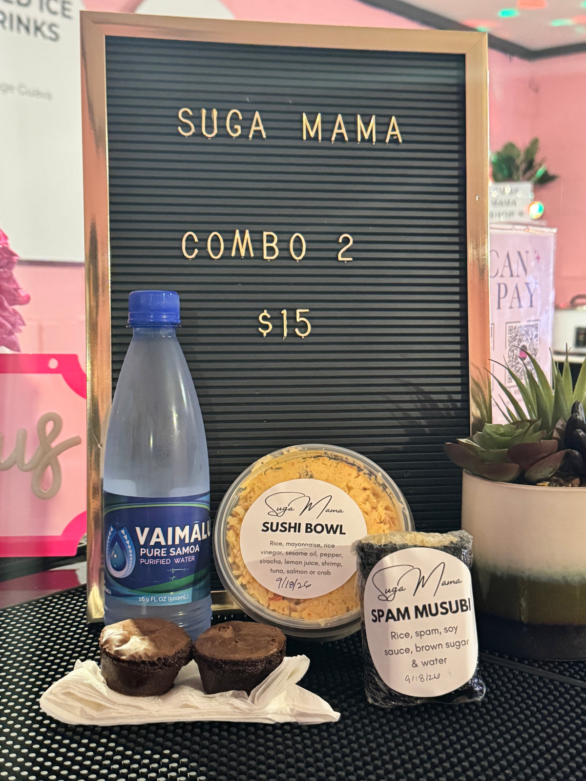 Combo #2 — Sushi Bowl, Musubi, Mini Desserts & Water